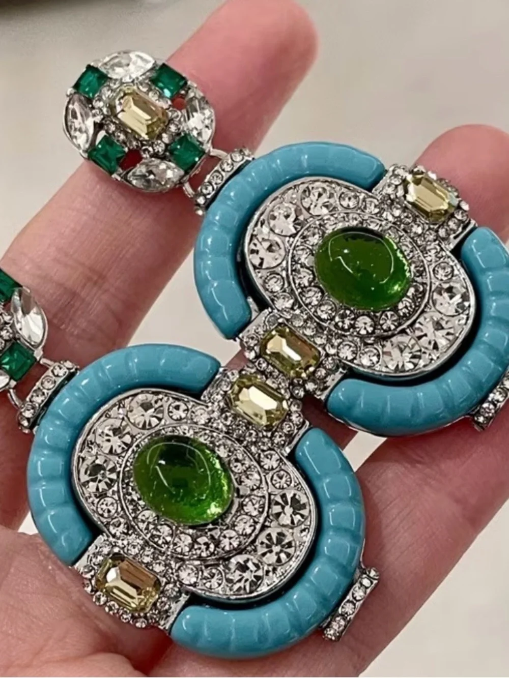 Green and Turquoise Crystal Drop Earrings - Designer-Inspired Statement